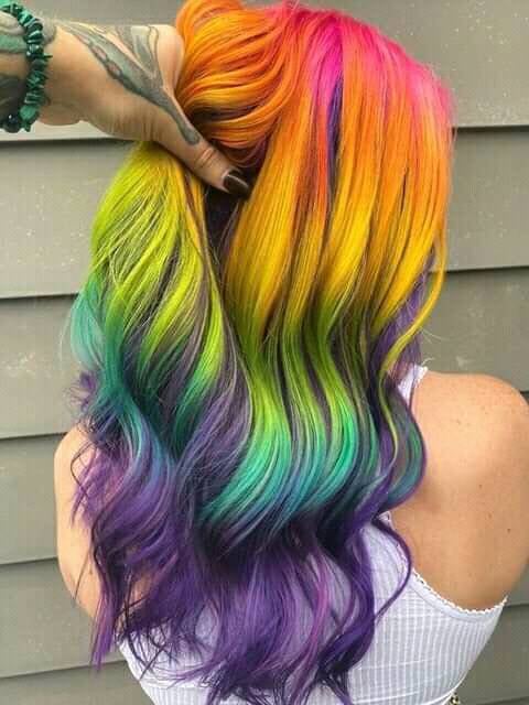 985 Hair of Various Colors Rainbow orange green light blue violet fuchsia by layers