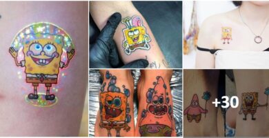 Colagem de tatuagens Bob Esponja e Patrick Star