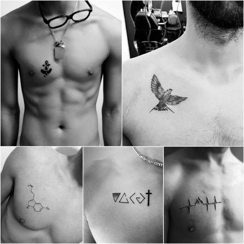 Kleine Tattoos für Männer, Adler am Schlüsselbein, Anker auf der Brust, chemische Formel, Runen und Elektro