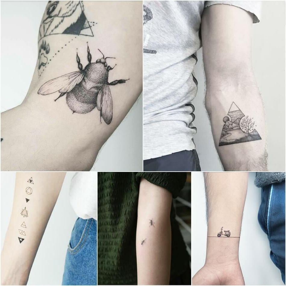 Zusammenstellung kleiner Tattoos für Männer: Bienendreieck mit Landschaftsmotorrad am Handgelenk, Insekten am Unterarm, Dreiecke und Kreise