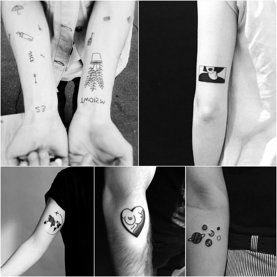 Piccoli tatuaggi per uomini Compilation Rettangolo con ritratto di donna Pianeti Cuore Mondo sulle braccia