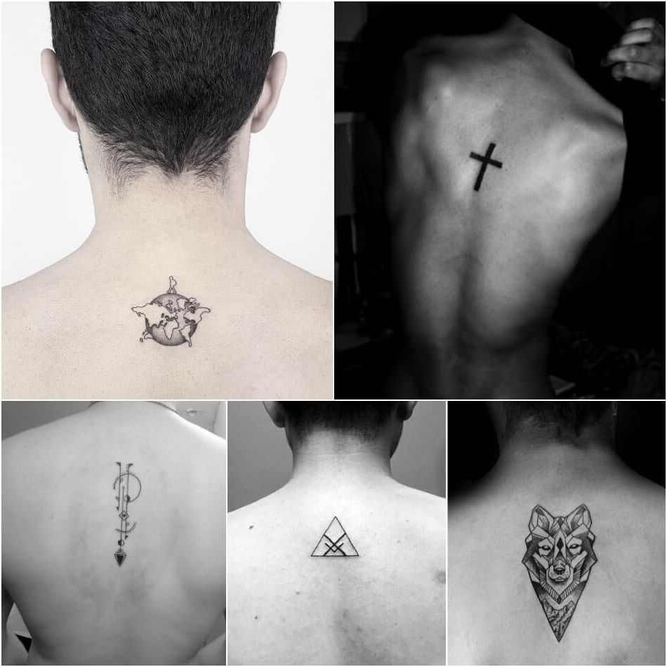 Piccoli tatuaggi per uomo Croce sulla schiena Mappa del mondo Triangolo geometrico del lupo con spade
