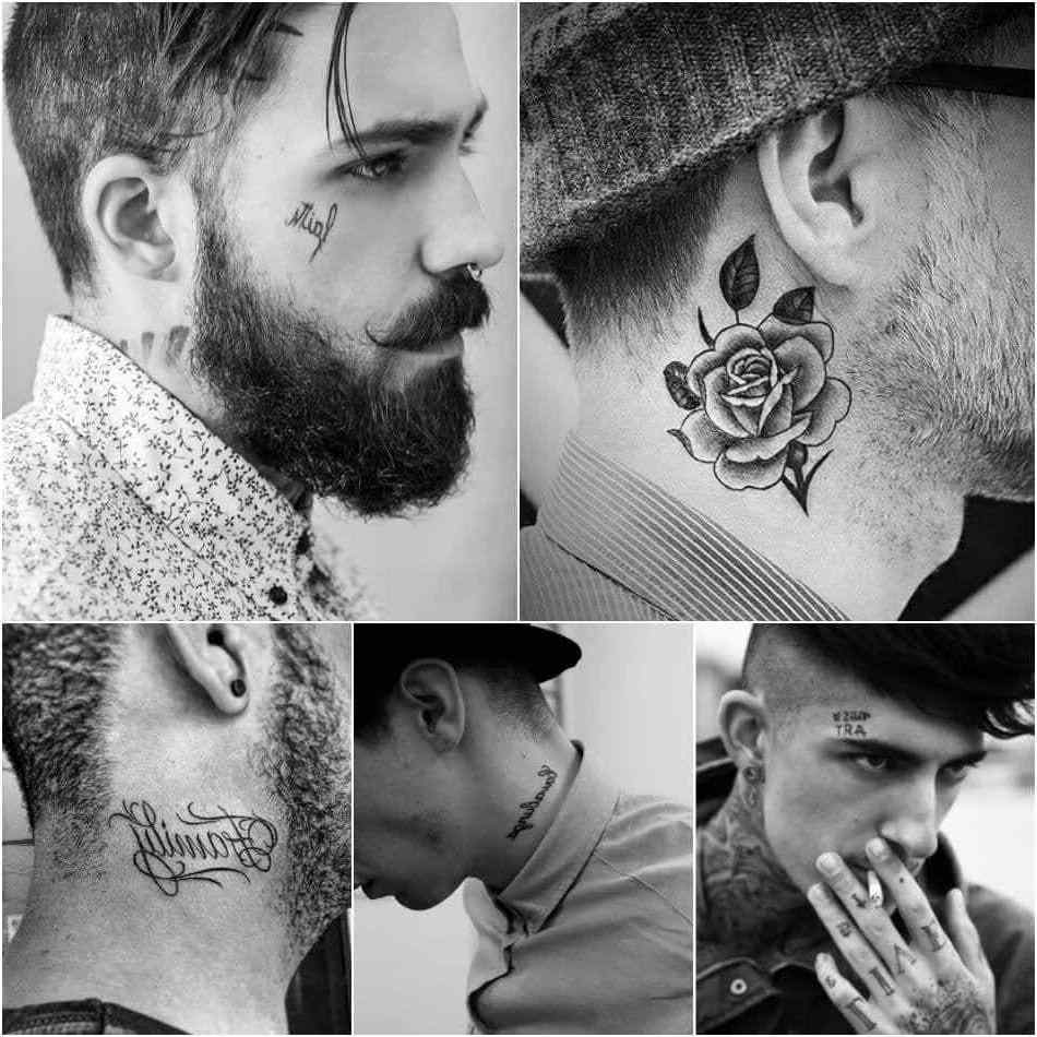 Tatuajes Pequenos para Hombre Rosa abajo de la oreja palabra Faith Fe en Rostro Palabra Family Familia