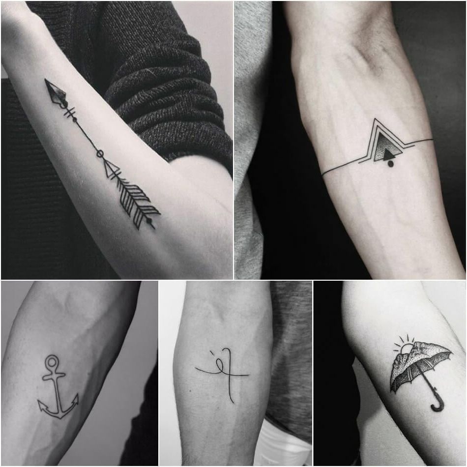 Piccoli tatuaggi per uomo di tipo tribale con frecce, ancoraggio, parola fede, ombrello e sole sull'avambraccio
