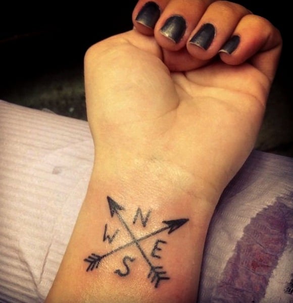 Small Tattoos for Men Compass Rose with Arrow on wrist with cardinal points NESW
