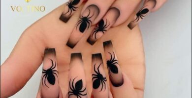 1 TOP 1 Decoração de unhas Halloween Black Spiders Long Pink and Black Gradient Nails