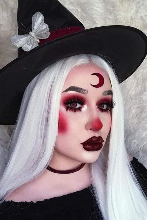 1 TOP 1 Disfraz de Halloween Bruja con sombrero negro media luna roja en la frente labial rojo obscuro sobra de ojos rojo mejillas rojas