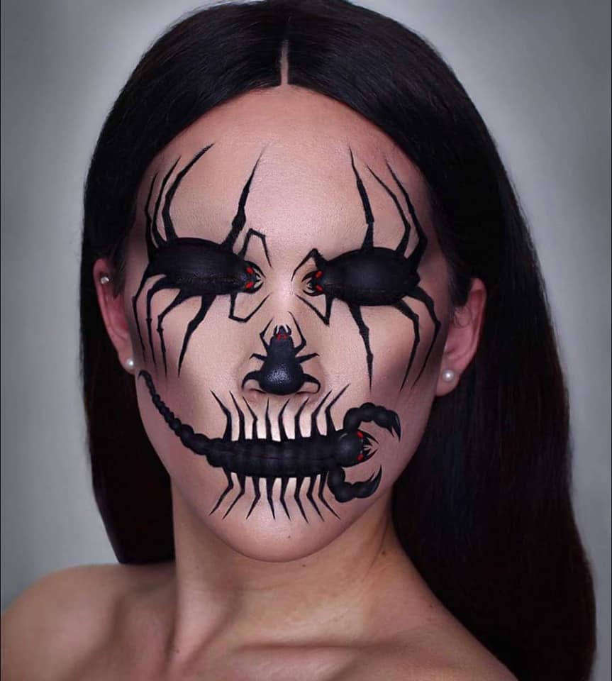 1 TOP 1 Maquillaje de Halloween Escorpion negro en Boca Insectos Negros en Ojos y Nariz