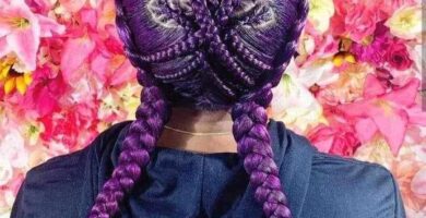 1 TOP 1 Trenzas para Ninas Pegadas Cabello Violeta Formando diseno de una flor en el centro con dos Trenzas largas