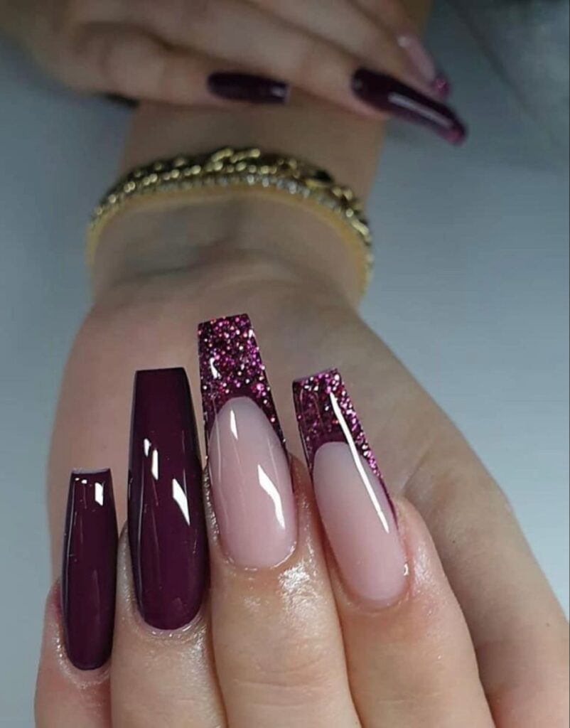 100 Sparkly Pink and Wine Colored Nails square toe with glitter on the tips