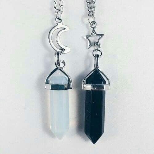 102 Hanging Amulets of Black and White Quartz Crystal Moon and stars in steel