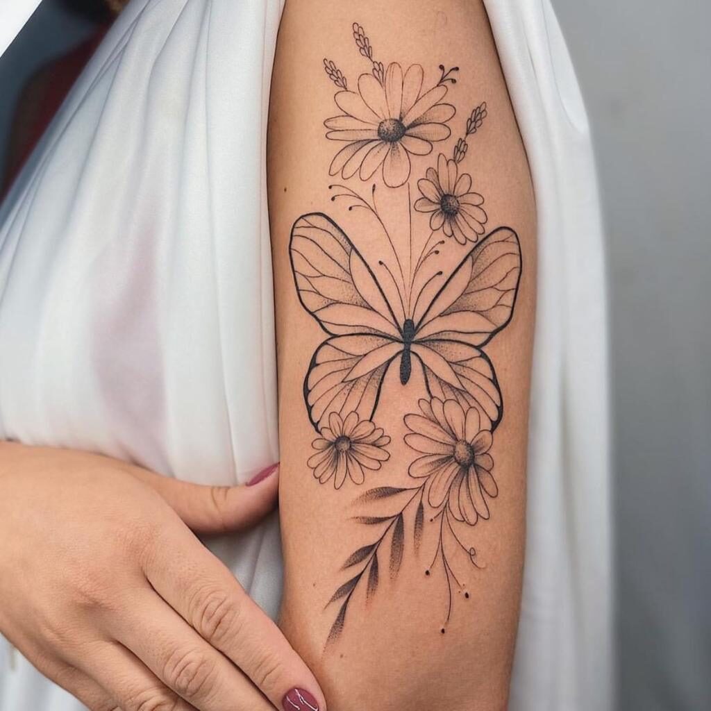 11 Female Tattoos Classic Black Butterfly with Flowers branches on Arm