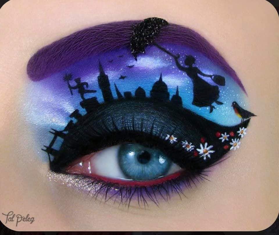 12 Halloween-Make-up unter den Augenlidern in Lila über Dunkelblau mit weißen Gänseblümchen Mary Poppins fliegen mit Regenschirmen in London