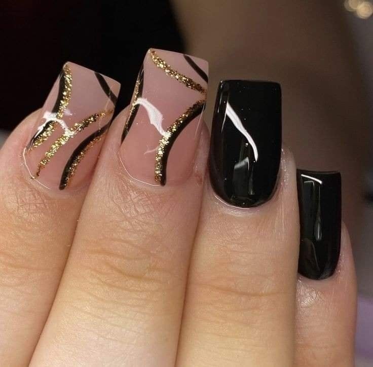 129Short Square Shiny Black Nails with Some Pink with Gold and Black Waves