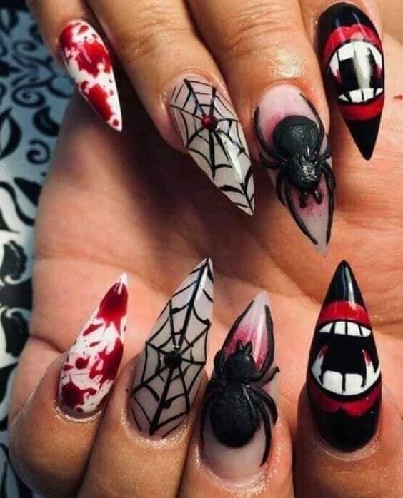 14 Decoracion de Unas Nails Halloween en blanco y rojo sangre telas de arana dientes de vampiro