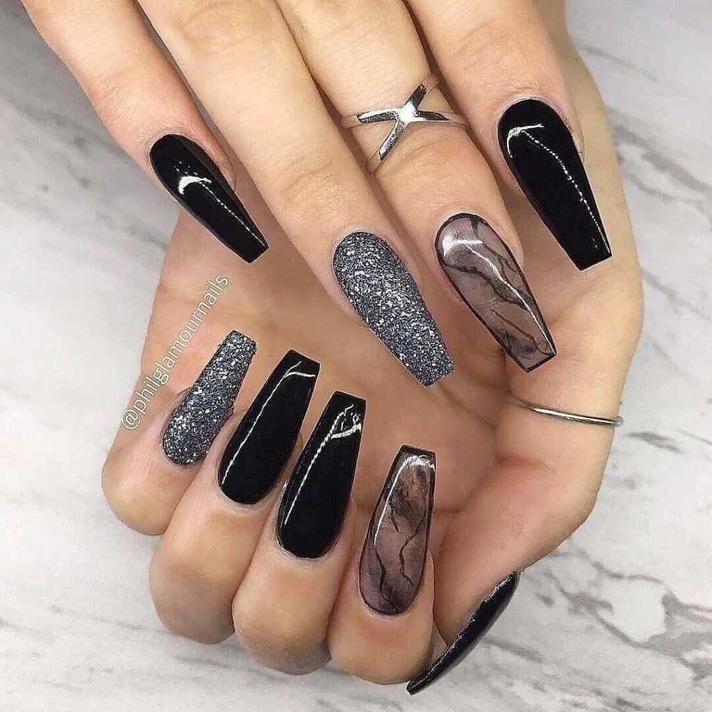 146 Designs of Black Semitransparent Marbled Nails with Metallic Glitter