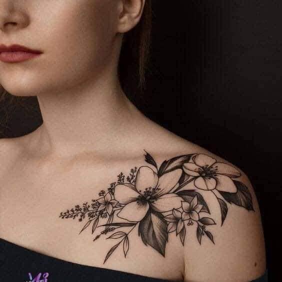 15 Female Tattoos Large Black Flowers with Leaves and Branches on Shoulder and Clavicle