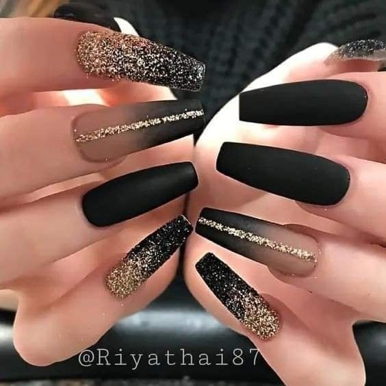 151 Matte Black Nails with Gold Glitter and Gold Stripes