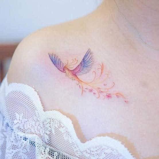 16 Female Phoenix Bird Tattoos with blue, violet, orange and yellow colors