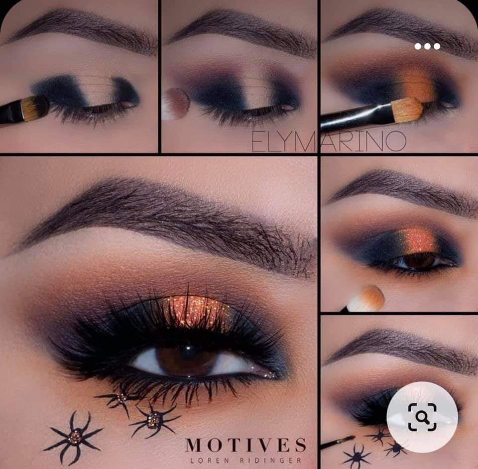 18 Halloween Makeup Step for Makeup with Shadows and Strip of bright orange color with small spiders under the eye