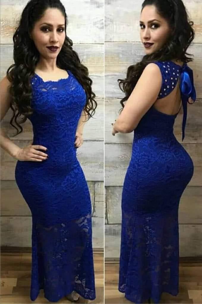214 Blue Lace Fitted Bodycon Dress With Lace
