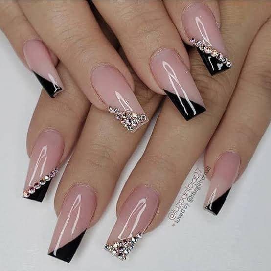 228 Designs of Black Nails with pink and shiny rhinestones
