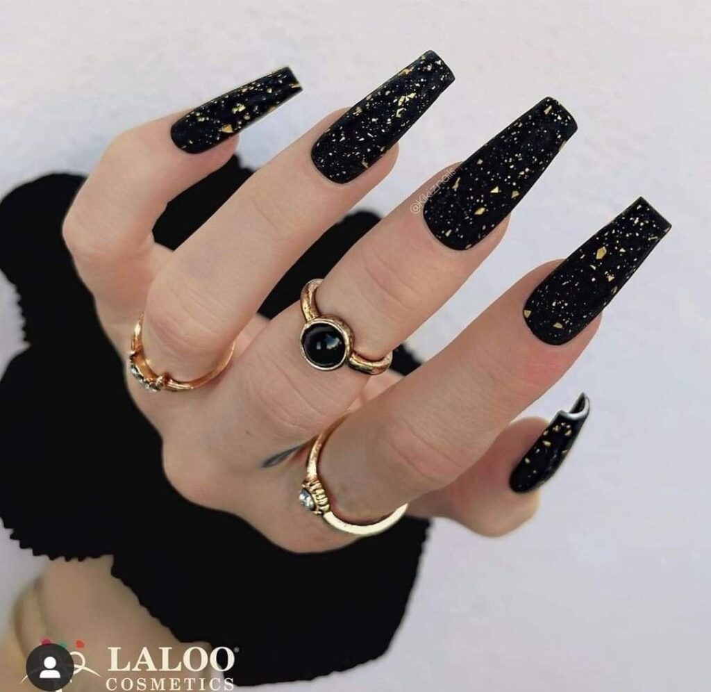 260 Long Black Nails Dedo quadrado com finos flocos dourados encapsulados