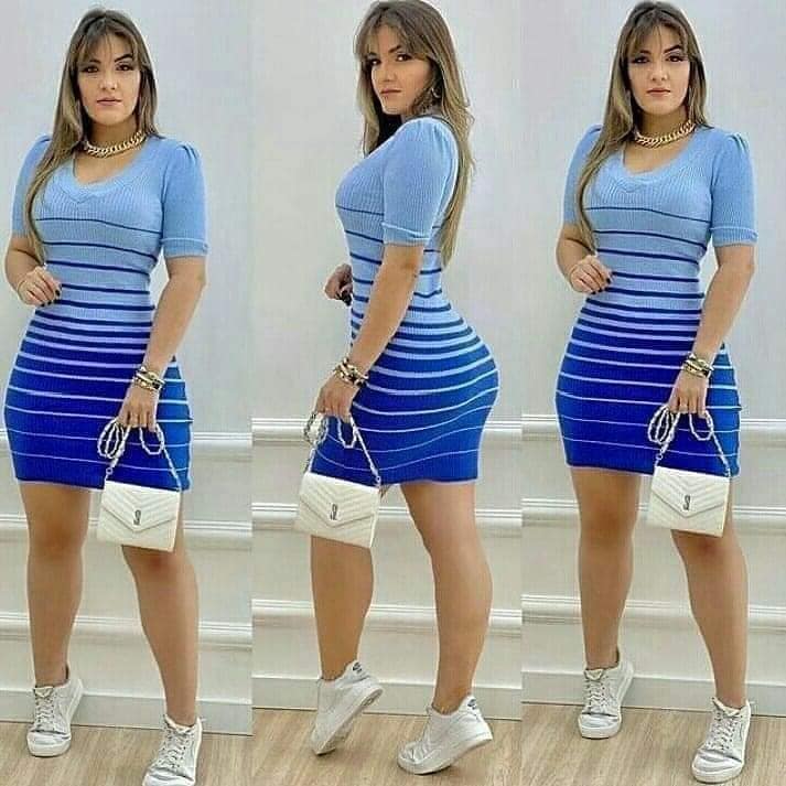 266 Woven dress with progressively wider blue stripes up to the skirt