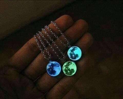 3 TOP 3 Silver Necklaces with Pendants in the Shape of the Moon or Planet of Celestial Blue Green colors that glow in the dark