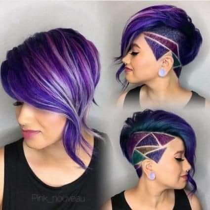 3 TOP 3 Grecas in women's hair triangles and lines and different shades of violet and bordo