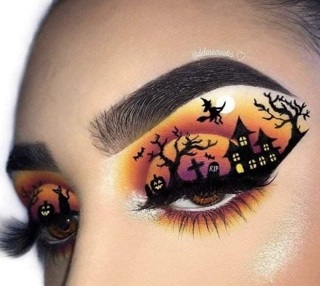 3 TOP 3 Halloween Makeup Orange Shadow gruseliges Haus mit Hexe, fliegenden Fledermäusen, Grab, RIP, Kürbiskreuz, gruselige Bäume