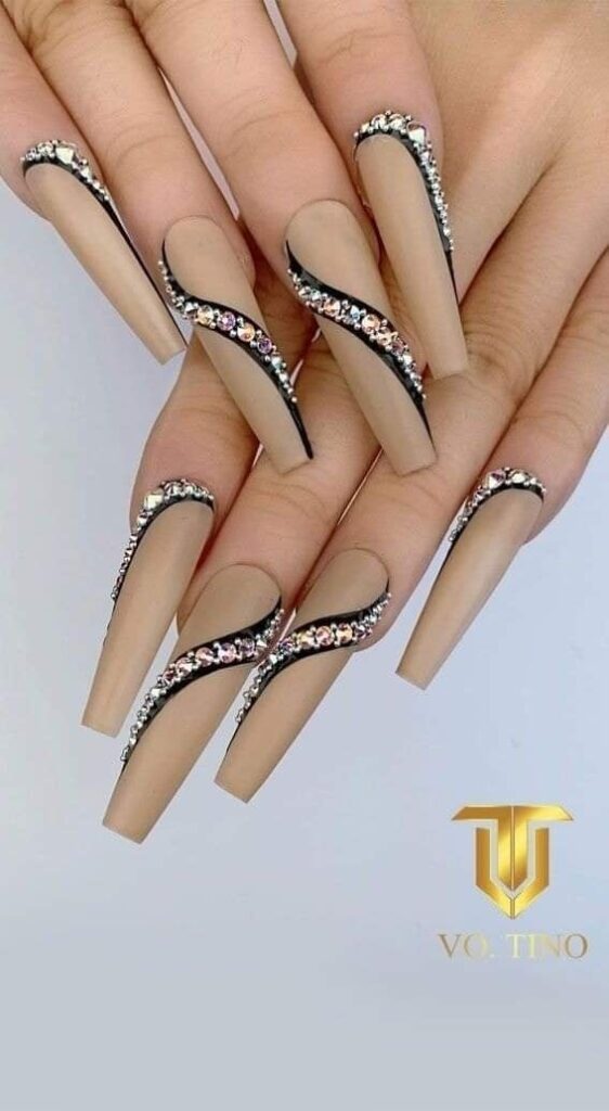 491 Long Matte Brown Nails with Black Stripe with Brilliant Stones