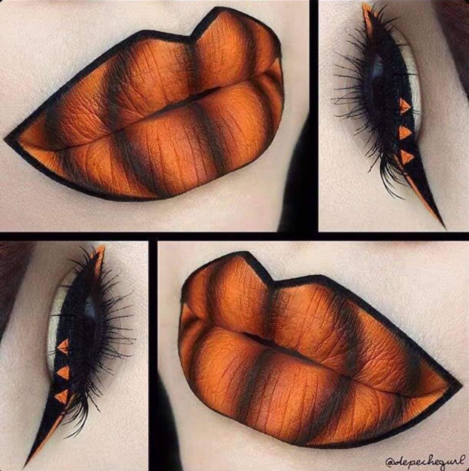 5 TOP 5 Halloween Makeup Lips with orange lipstick and with black stripes eyelashes and eyelids in black and orange