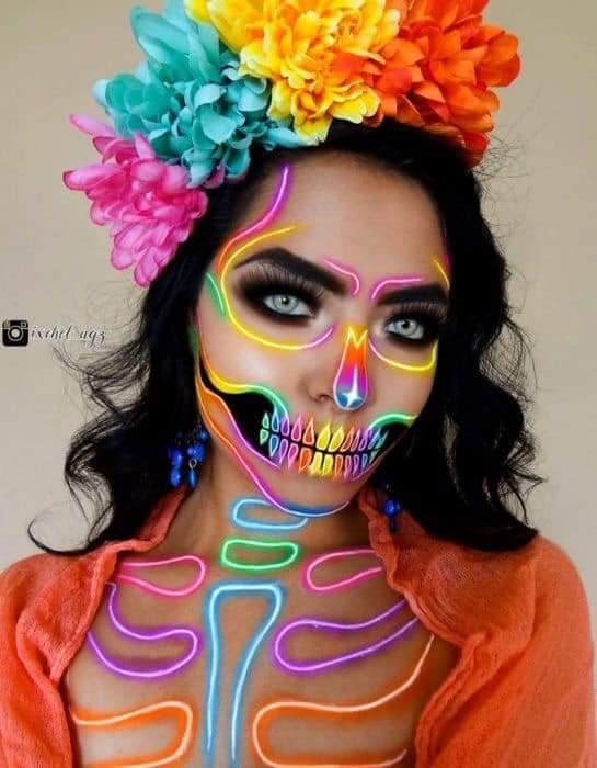 5 TOP 5 Halloween-Make-up Leuchtende Neonlinien in den Zähnen um die Augenhöhle und auf der Brust des Skeletts