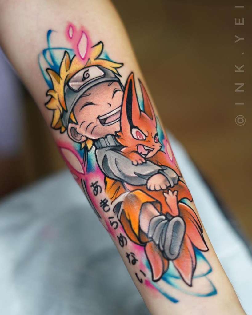 5 TOP 5 Tatuajes de Naruto pequeno de nino full color en antebrazo abrazando a mascota