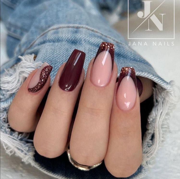 54 Shiny Dark Wine Color Nails combined with pink and shiny oval tip