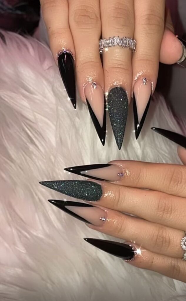 58 Black Acrylic Nails in pink and gray stiletto tip