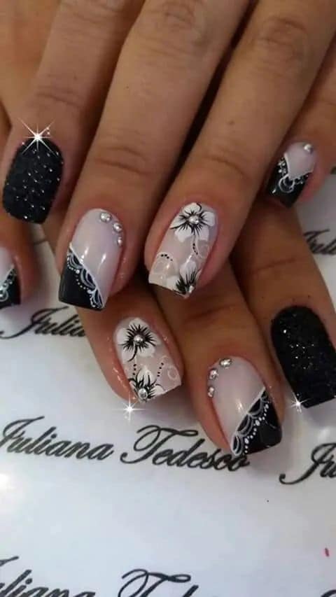 66 Black nails with ivory white flowers and pearl and silver rhinestones