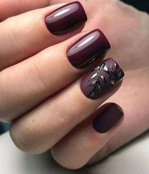 74 Short Shiny Dark Wine Color Nails with twig drawing in black