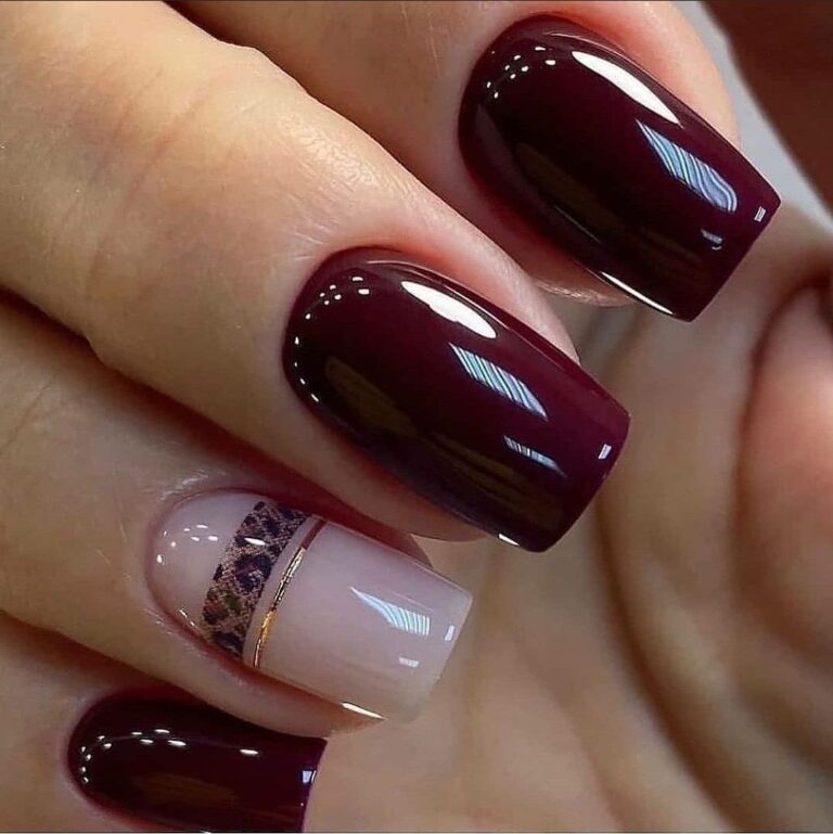 78 Brilliant Short Wine Color Nails a rose with gold enamel line and animal print stripe