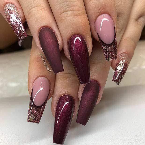 8 Brilliant Wine Color Nails combined with Pink and Red Wine Glitter