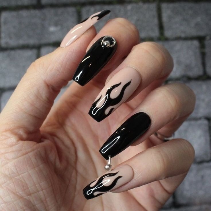 86 Black Acrylic Nails with fire drawings and iron piercing accessories