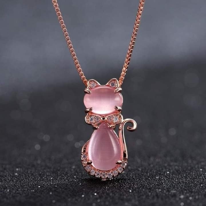 89 Pink Kitten Pendant with two sphere-shaped stones and drop golden chain encrusted with brilliant strass
