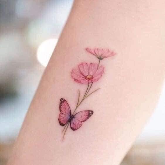 9 Feminine Tattoos Pink Butterfly with Stem and two delicate Pink Cosmos flowers