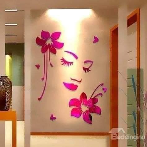 10 Décoration Murale Relief 3d découpé au laser Mur pastel visage de femme et grandes fleurs fuchsia
