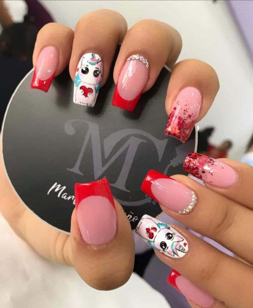 109 Nails with drawings pink color red tips unicorn drawing for girls