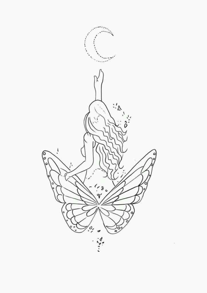 115 Skizzenvorlage Tattoo-Schmetterling und Frau, die versuchen, den Mond zu erreichen