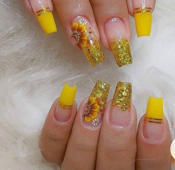 13 Colored Nails pink background yellow finish with bright yellow gliter drawing of sunflowers golden straps