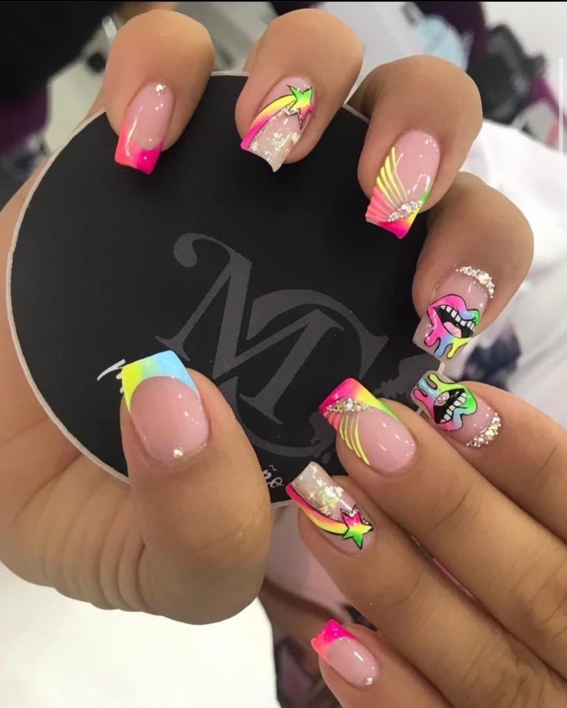 132 Nails with Multicolored Pink Drawings stars mouths with teeth and watercolor shiny rhinestones