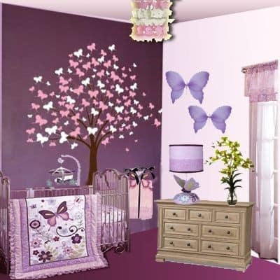14 Decoração de Quarto Infantil em Tons de Violeta com uma árvore com borboletas como folhas brancas e rosa